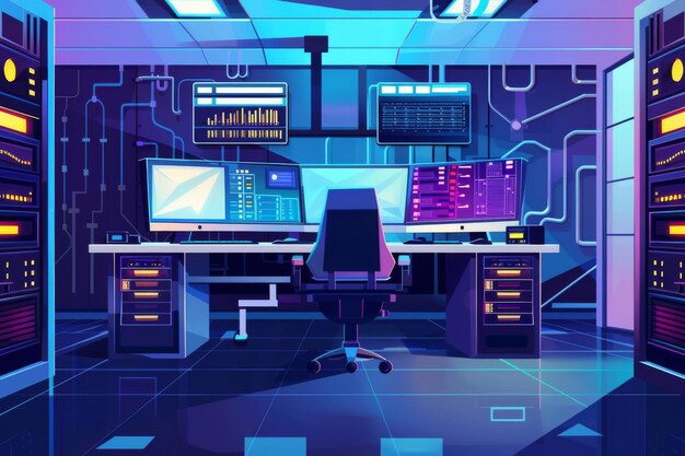 An office with computer monitors server hardware and a chair Modern cartoon of an information storage office with control panel racks with network equipment