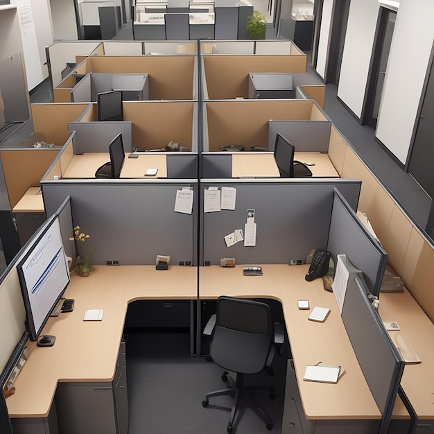 An office with cubicles each personalized decor to reflect individual styles generated by AI