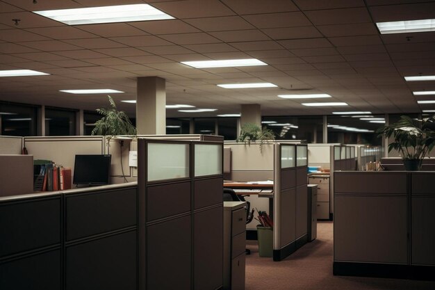 an office with a desk and a monitor on the top