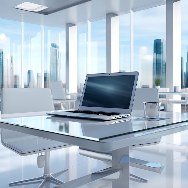 An Office with an Empty White Desk and Laptop for Reference