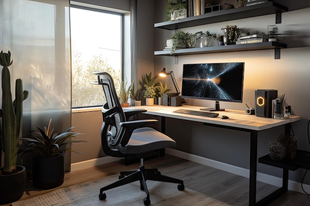 Office with ergonomic chair desk and lighting for productive workspace created with generative ai