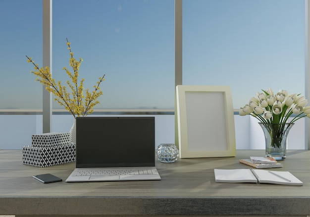 Photo office with furniture work desk and laptop