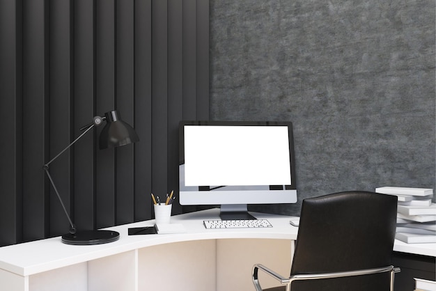 Office with gray walls. Close up of a computer monitor standing on a white table. There is a black office chair. 3d rendering, mock up