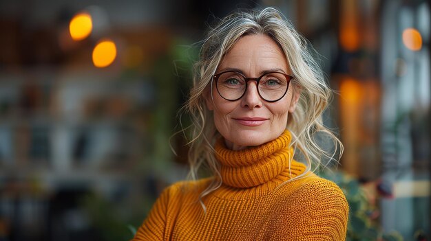 Photo an office with a green tinted wall adorned with a yellow sweater and a smartphone is occupied by a woman in her middle years a small business owner wearing yellow suit