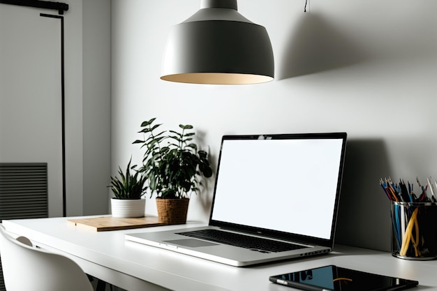 Office with a laptop and a picture hanging on a white wall