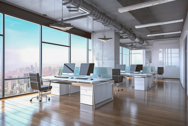 An office with a large window and desks with computers