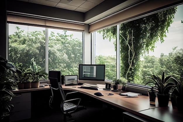 야외의 초록색을 보여주는 큰 창문이 있는 사무실은 생성 AI로 만들어졌습니다.