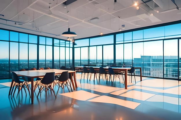 Office with a large window and a view of a city.