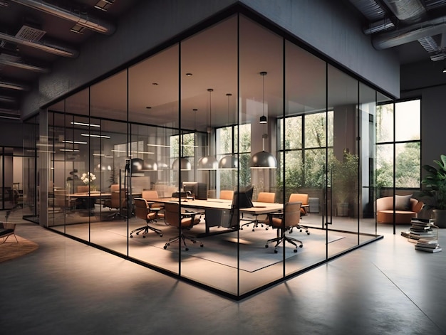 An office with lots of seating and a glass wall