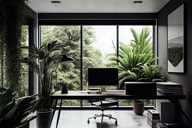 生成 AI で作成した、緑豊かな植物と屋外の景色を望むオフィス