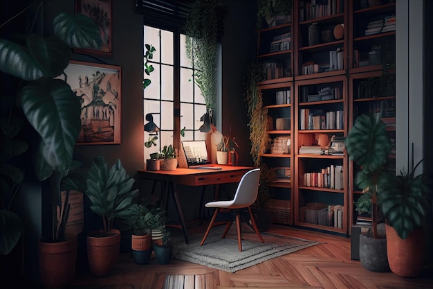 Офис с множеством растений и книжной полкой, создающий уютную атмосферу, созданную с помощью генеративного ИИ