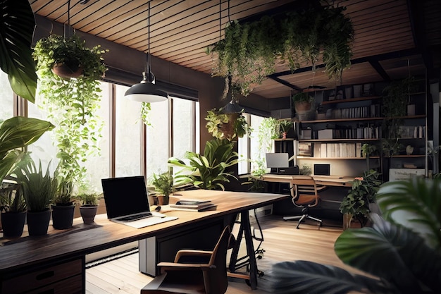 Офис с растениями, свисающими с потолка, создает природный рай, созданный с помощью генеративного ИИ