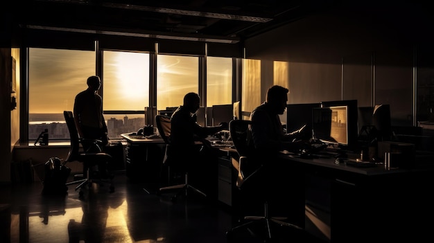 Офис с силуэтами людей, работающих на компьютере восход солнца ИИ генеративный
