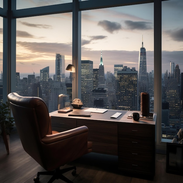 Office with a view of the city at sunset