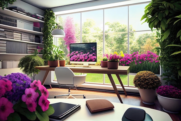 生成 AI で作成された、色とりどりの花や植物が特徴的な緑豊かな庭園を望むオフィス