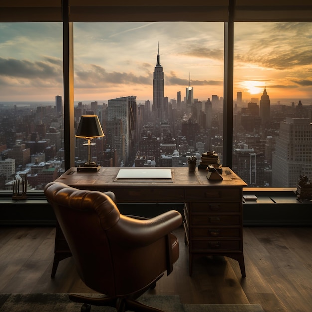 マンハッタンのスカイラインを眺めるオフィス