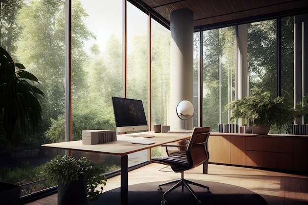 Office with view of park surrounded by greenery and natural light created with generative ai