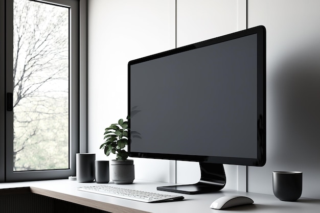 In an office with white walls and a huge window a wooden desk is topped with a black computer screen