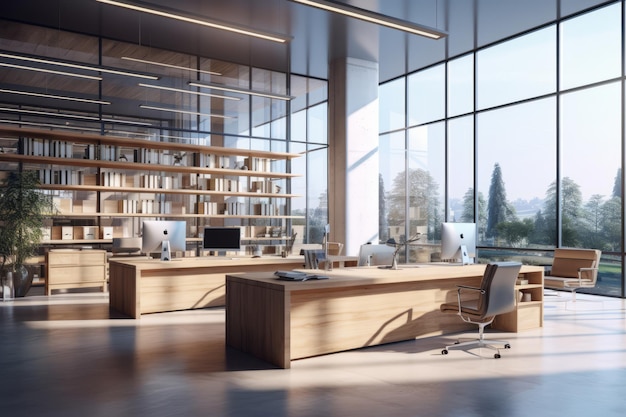 an office with wood desks and glass walls in the style of high detailed grey academia wood generative ai