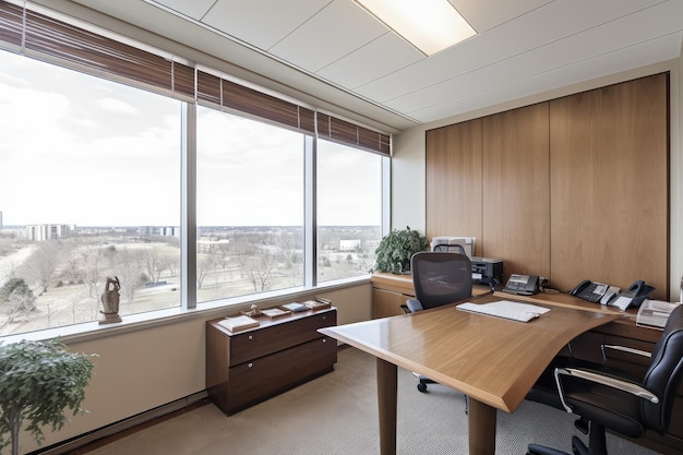 Office with wood paneling and large windows providing natural light created with generative ai