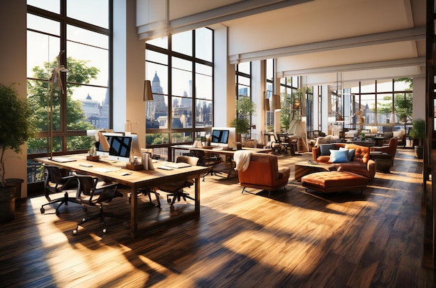 an office with wooden desks and large windows