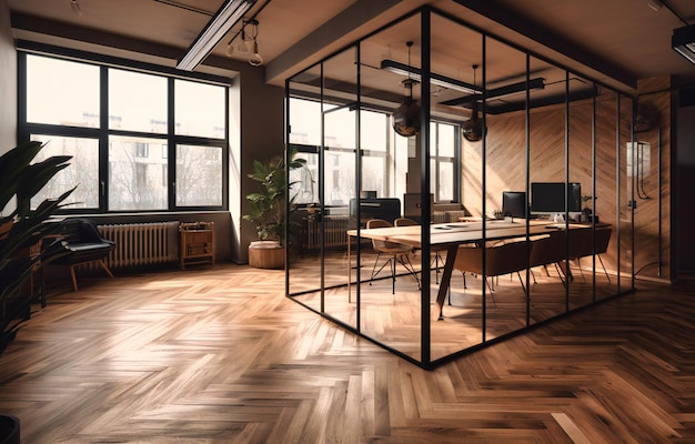 An office with wooden floors desks and windows