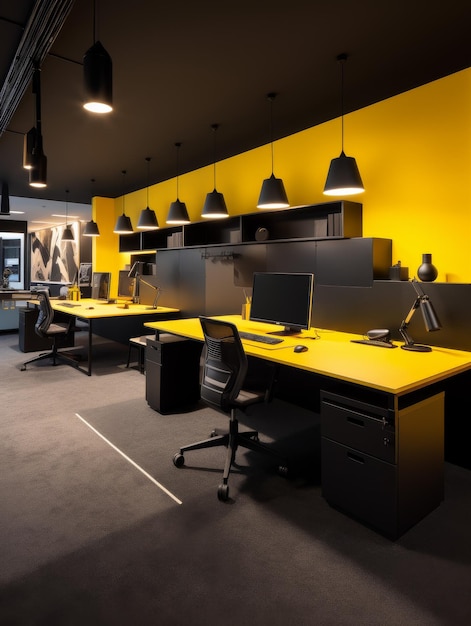 Photo office with yellow walls and black desks