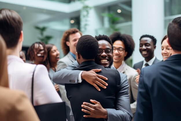 Office work team greeting their new african american male employee