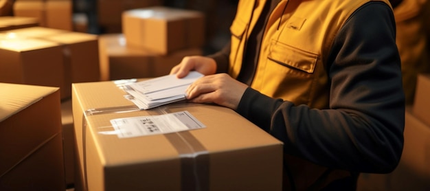 Office worker affixes label on package in closeup courier delivery scene