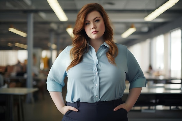 Photo office worker beautiful woman at workplace plussize manager