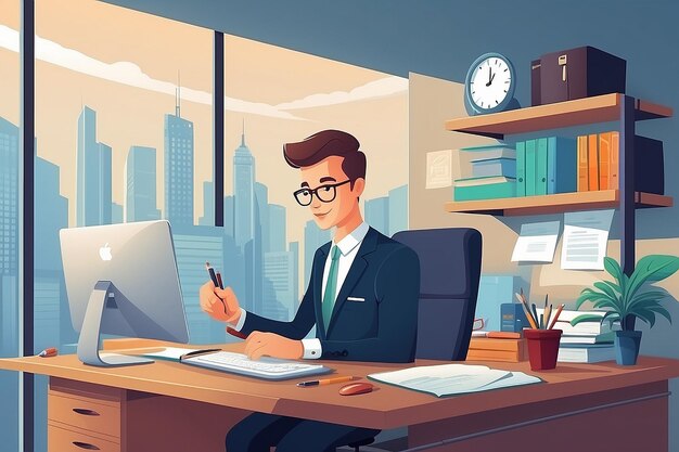 Office worker Business work desk and workplace employee man businessman workflow and workspace Flat vector illustration