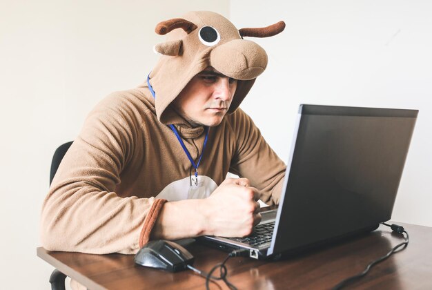 Office worker in cosplay costume of a cow. Guy in the funny animal pyjamas sleepwear near the laptop. Parody on manager.