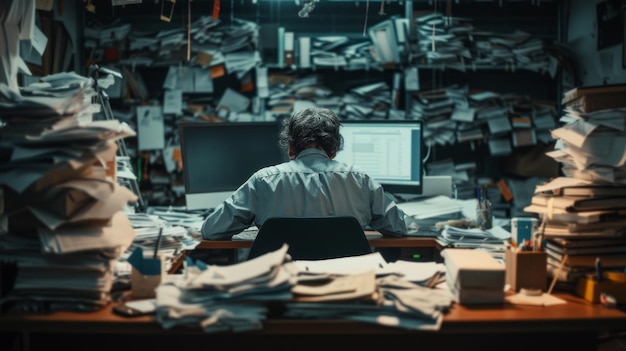 Photo office worker man sitting at desk with stack papers multiple screens urgent emails and tasks