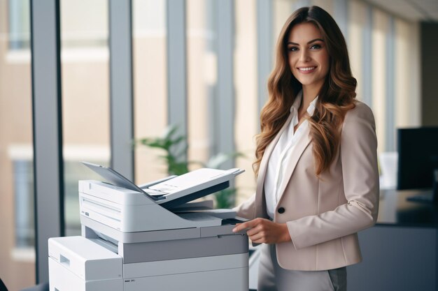 Photo office worker prints paper on multifunction laser printer document and paperwork concept secretary