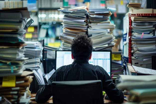 office worker sitting at their desk surrounded by stacks of paperwork