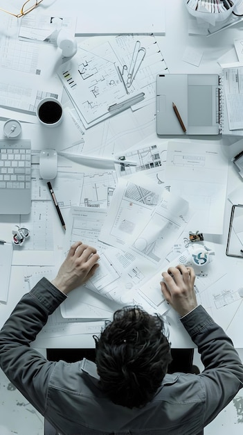 Office Worker Surrounded by Blueprints and Papers in an Engineering Office