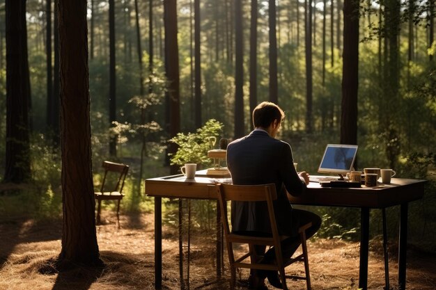 Foto un impiegato alla sua scrivania in una foresta.