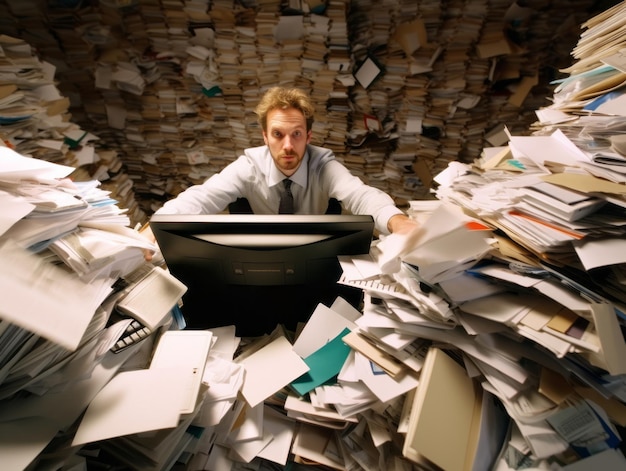 Office worker typing furiously on a computer keyboard surrounded by stacks of paperwork