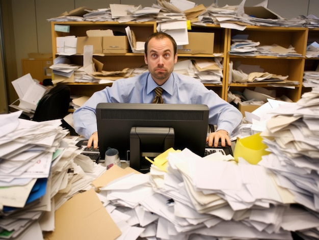 Photo office worker typing furiously on a computer keyboard surrounded by stacks of paperwork