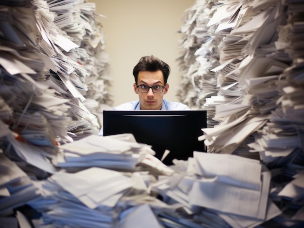 Foto un impiegato che scrive furiosamente su una tastiera di un computer circondato da pile di documenti