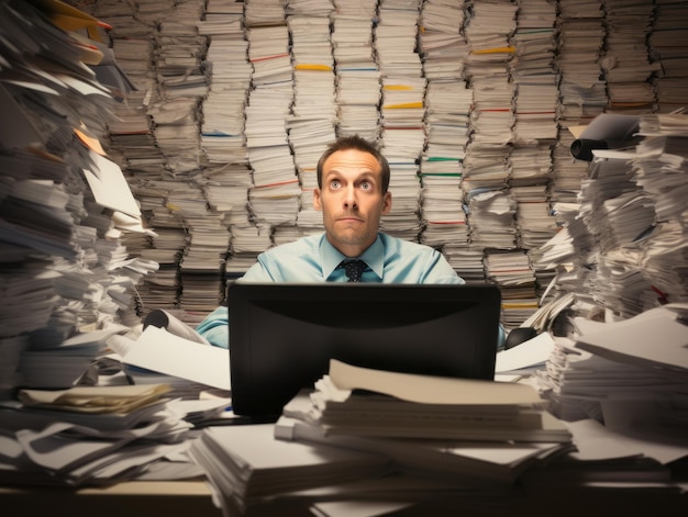 Office worker typing furiously on a computer keyboard surrounded by stacks of paperwork