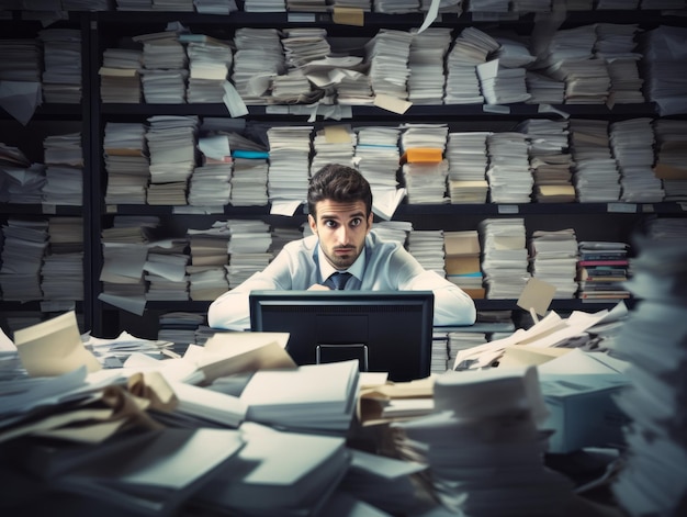 Office worker typing furiously on a computer keyboard surrounded by stacks of paperwork