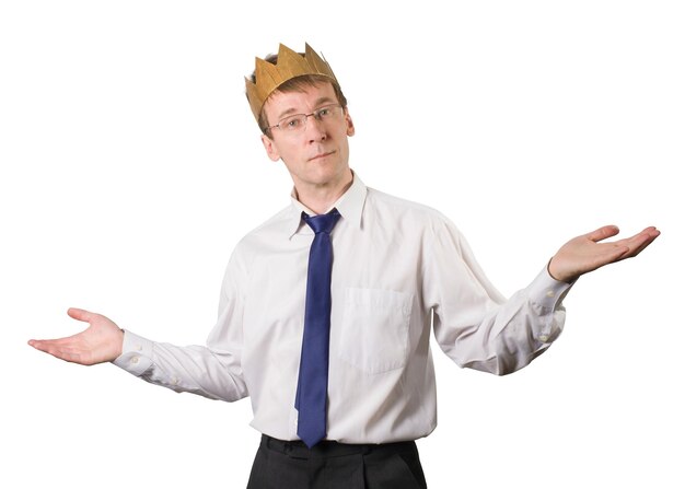 An office worker with a crown on his head is satisfied with the work Things are going great Isolated