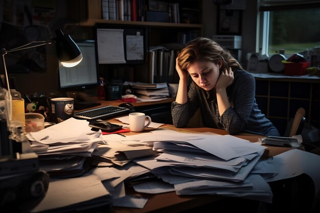 Photo office worker with messy workspace