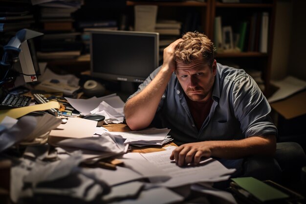 Photo office worker with messy workspace