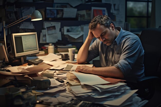 Photo office worker with messy workspace