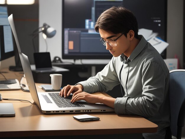 Photo office workers at desks working late on laptops