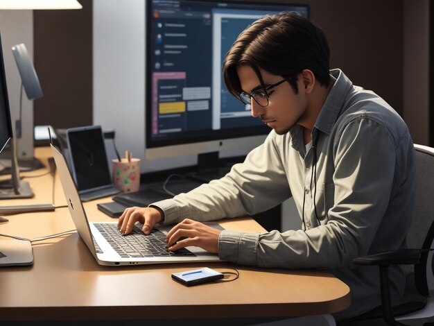 Photo office workers at desks working late on laptops