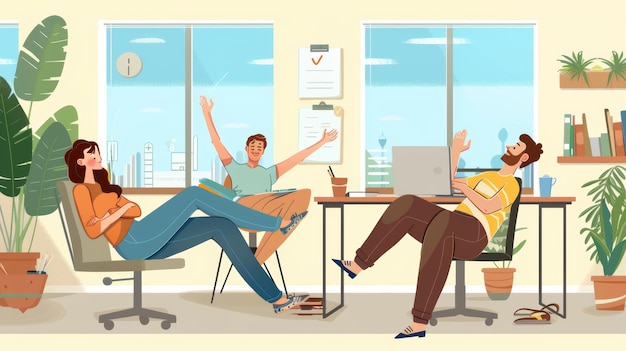 Office workers taking a break from work and stretching at work to get rest and relaxation Flat style modern illustration of office workers taking a break from work and stretching