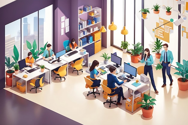 Office workers at work place concept Coworking or brainstorm concept Flat isometric